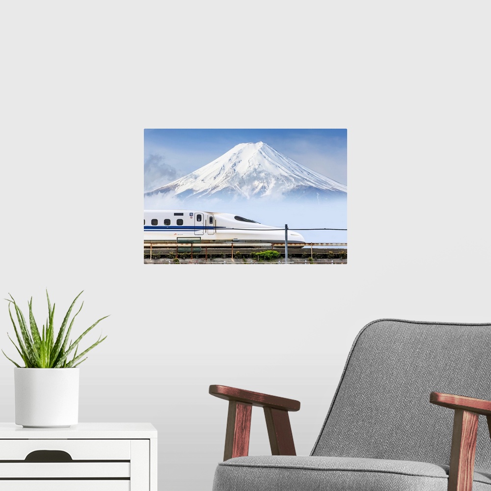 A modern room featuring Japan, Chubu, Shinkansen, bullet train, and Mount Fuji in the background.