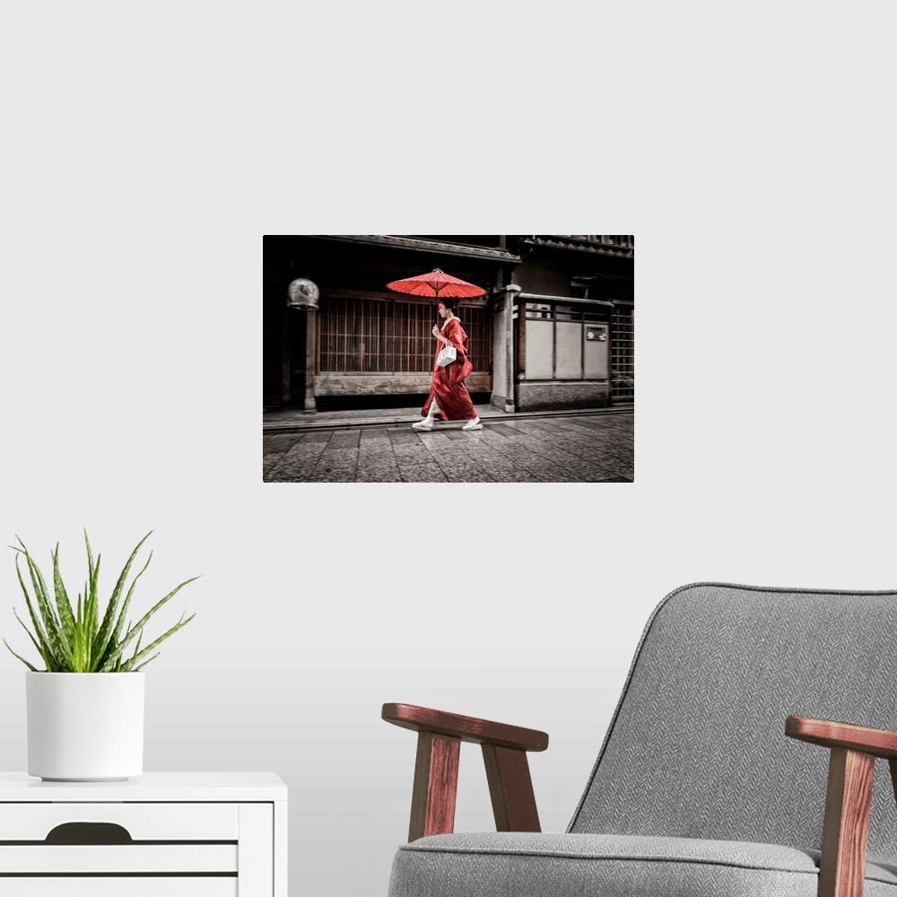 A modern room featuring Japan, Kinki, Kyoto, Maiko walking to work in the rain.