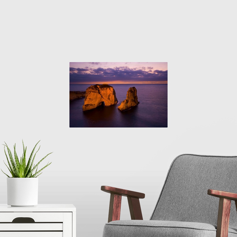 A modern room featuring Lebanon, Beirut, Middle East, Beirut, Rouche or Pigeon Rocks at the sunset