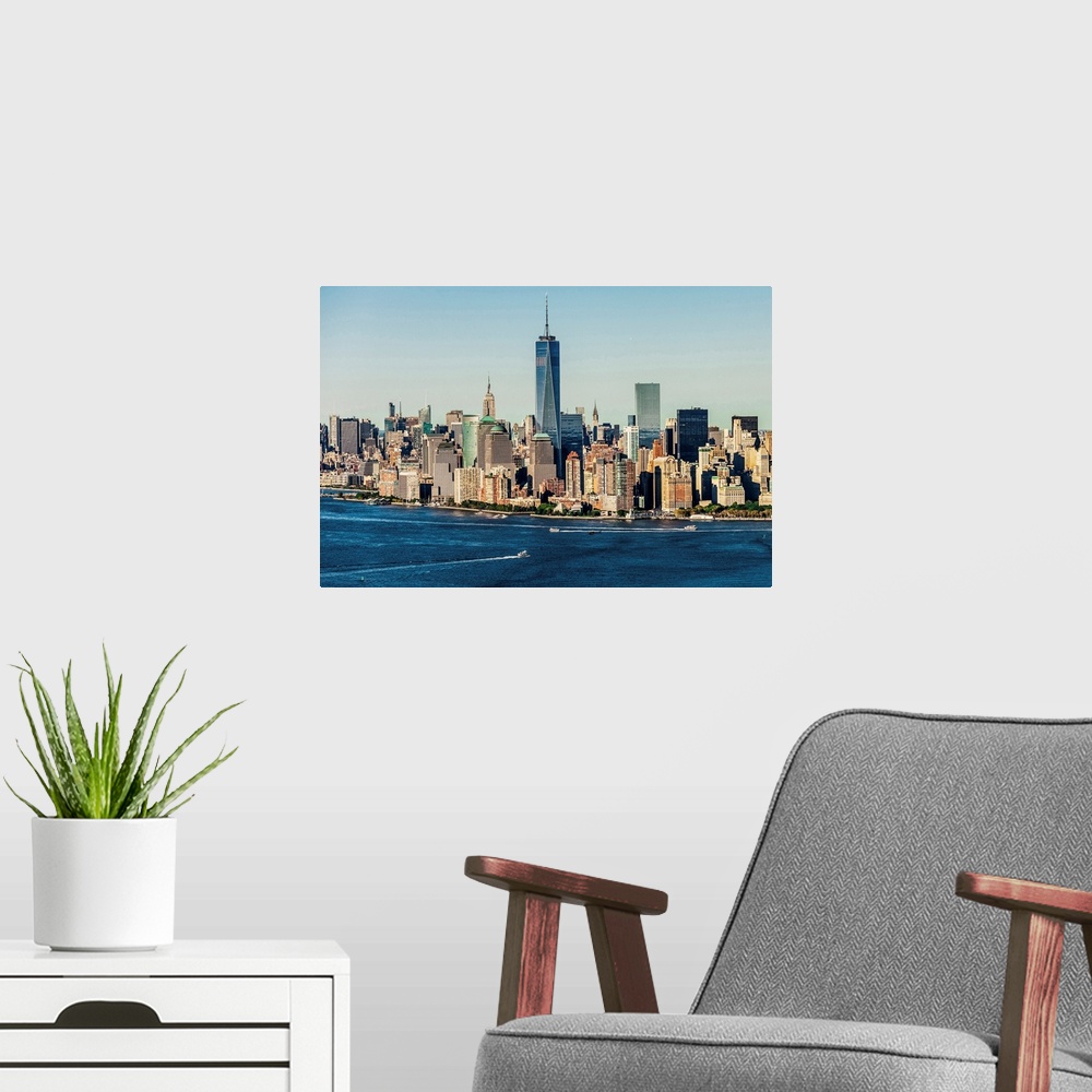 A modern room featuring USA, New York City, Manhattan, Lower Manhattan, Aerial view of Manhattan, Freedom tower, Empire S...
