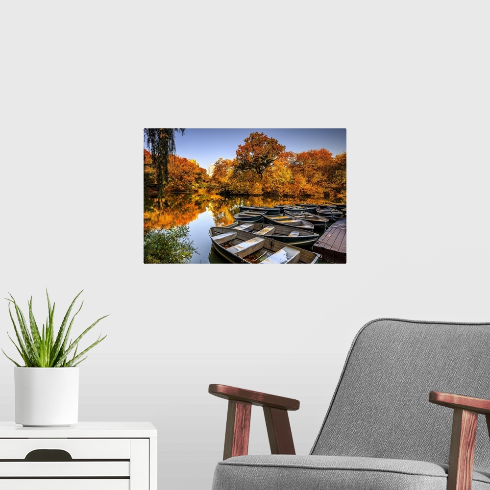 A modern room featuring USA, New York City, Manhattan, Central Park, Lake with boats and foliage