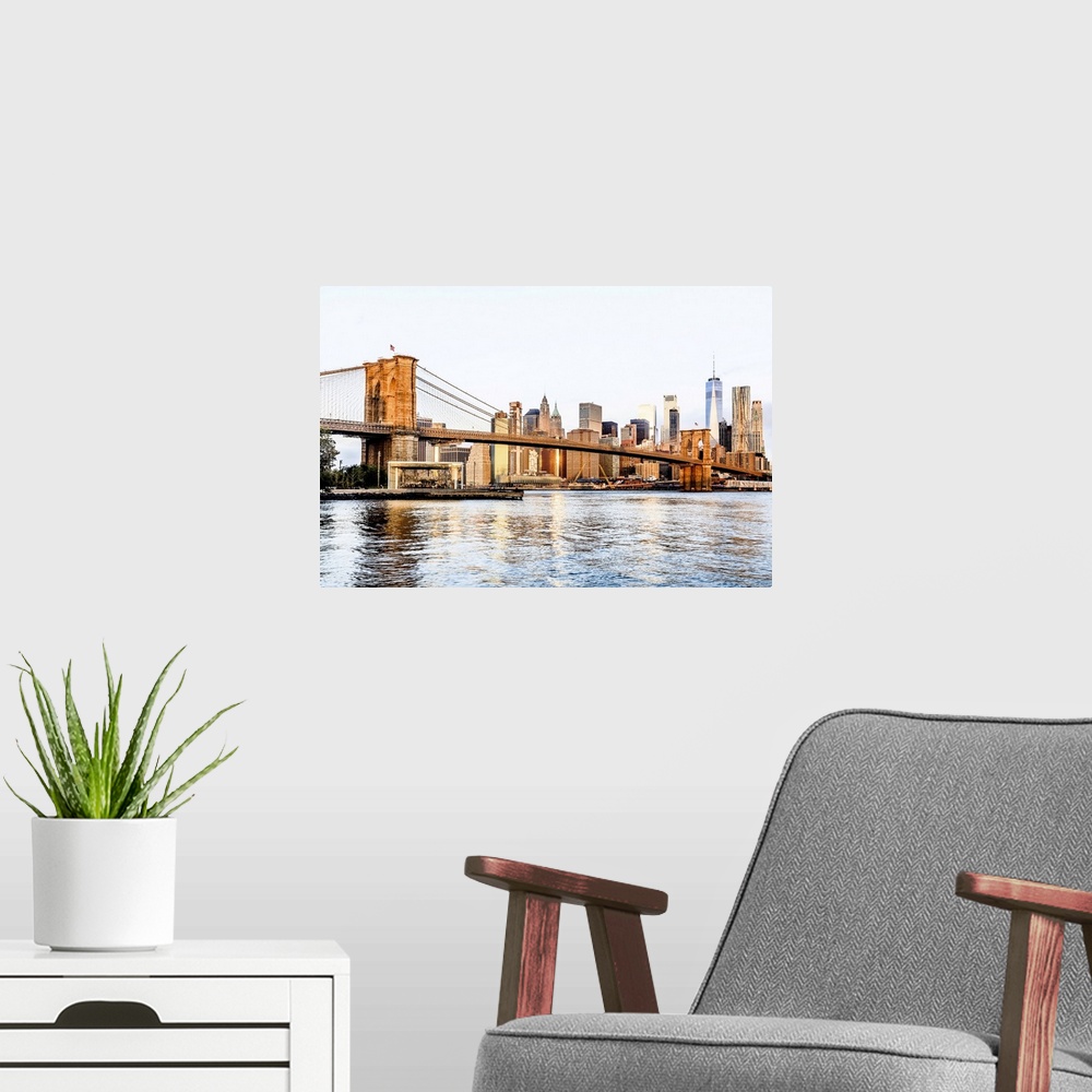 A modern room featuring USA, New York City, Manhattan, East River, Brooklyn Bridge, Brooklyn Bridge Park