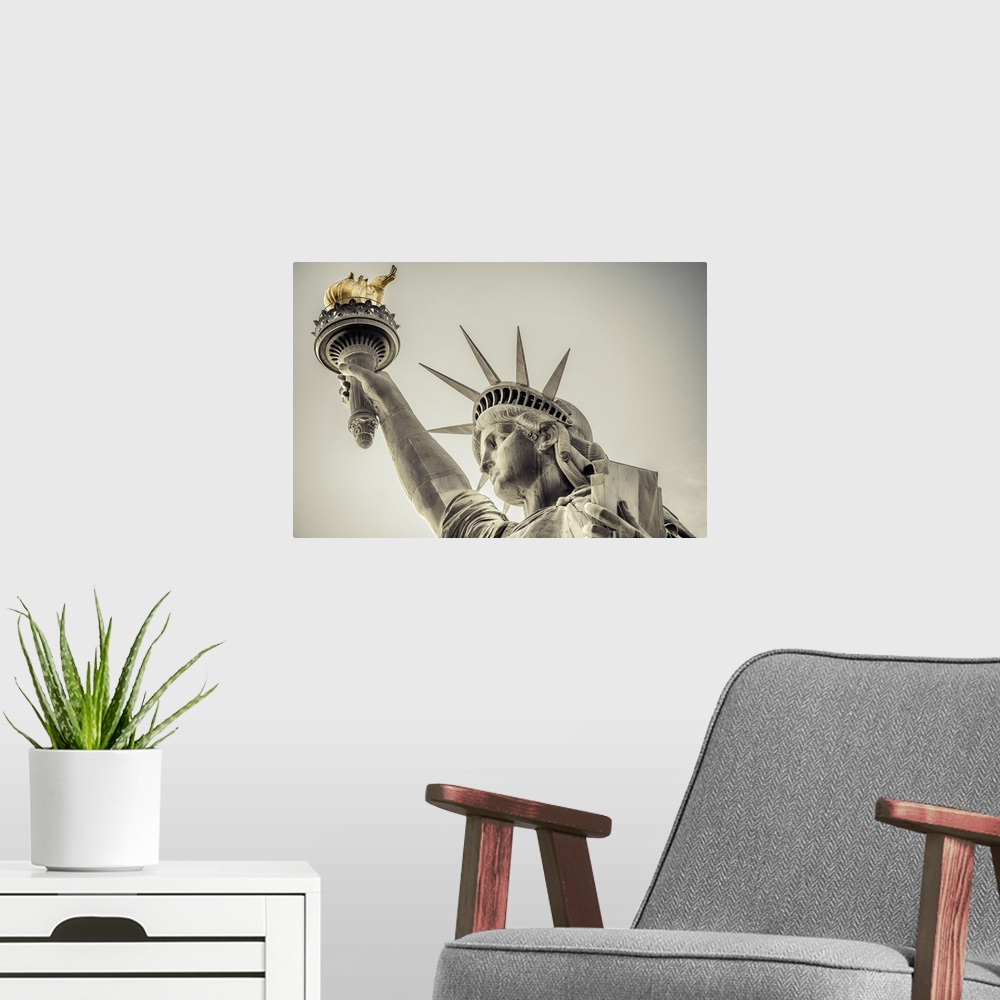 A modern room featuring USA, New York City, Manhattan, Lower Manhattan, Liberty Island, Statue of Liberty