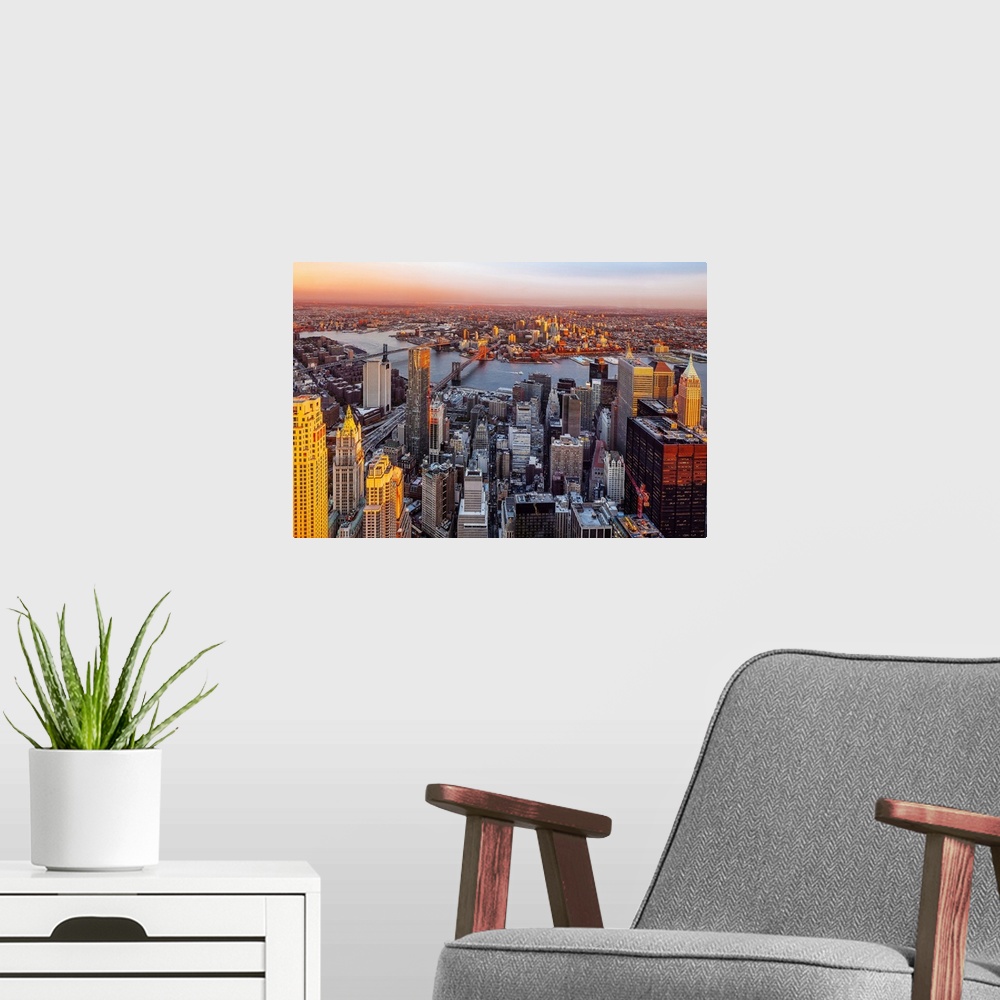 A modern room featuring USA, New York City, East River, Manhattan, Lower Manhattan, One World Observatory at One World Tr...