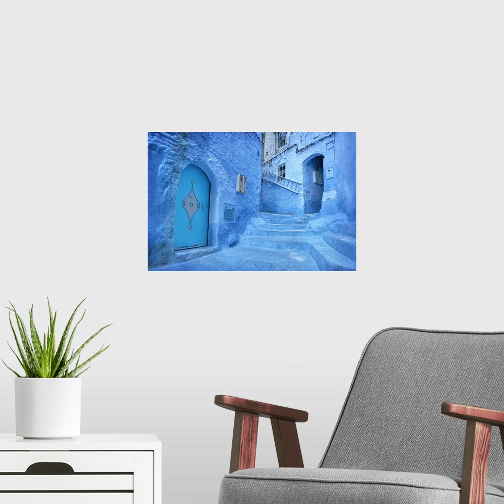 A modern room featuring Morocco, Rif Mountains, Chefchaouen, Typical blue painted houses in the old town