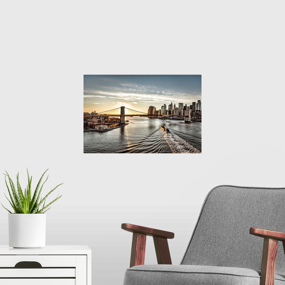 A modern room featuring New York City, Brooklyn and Lower Manhattan with Brooklyn Bridge.