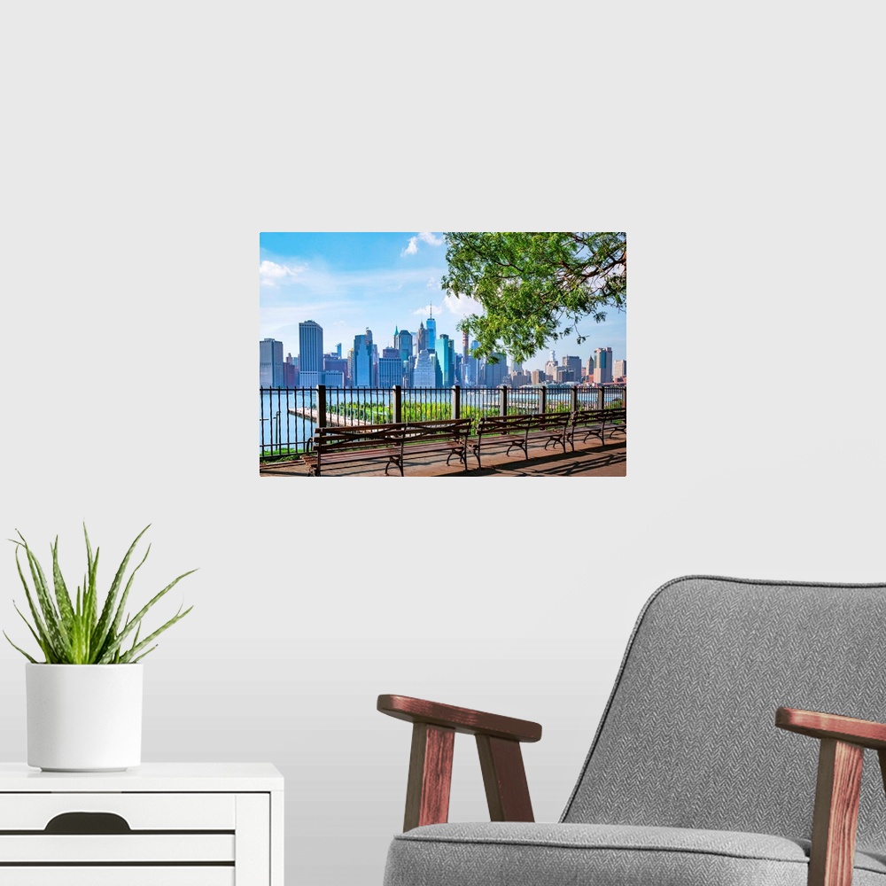 A modern room featuring New York City, Brooklyn, Brooklyn Heights, promenade, benches..