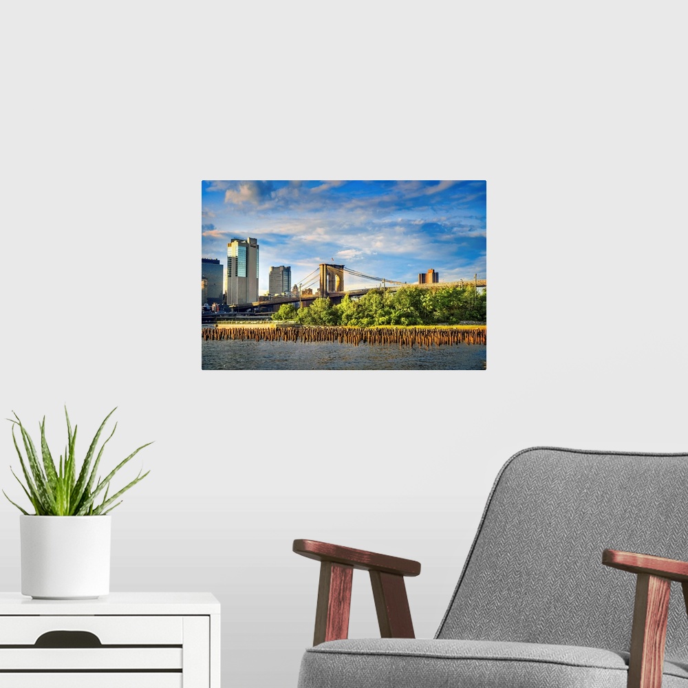A modern room featuring New York City, Brooklyn, view of Brooklyn Bridge from park.