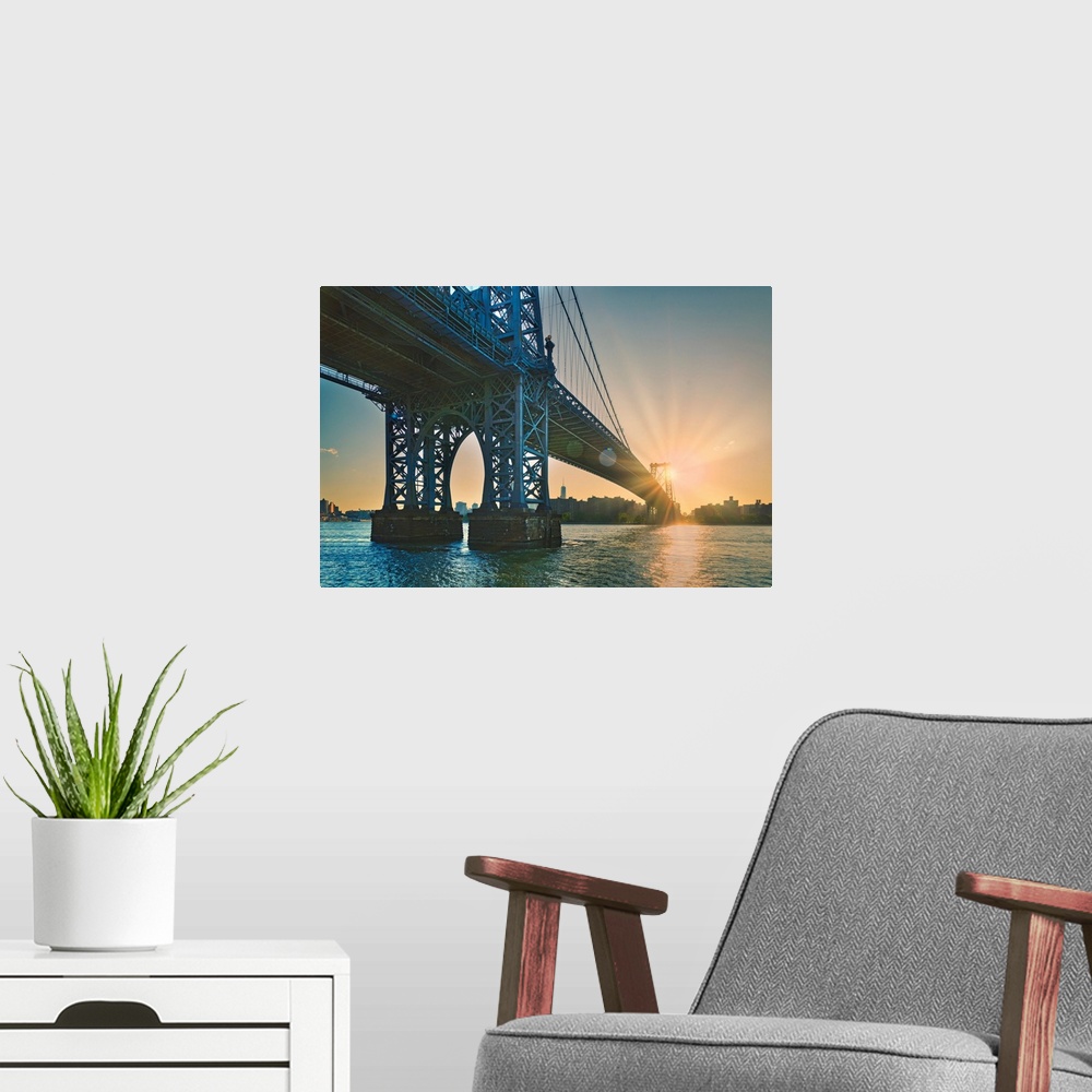 A modern room featuring New York City, Brooklyn, Williamsburg, Williamsburg Bridge seen from Domino park.
