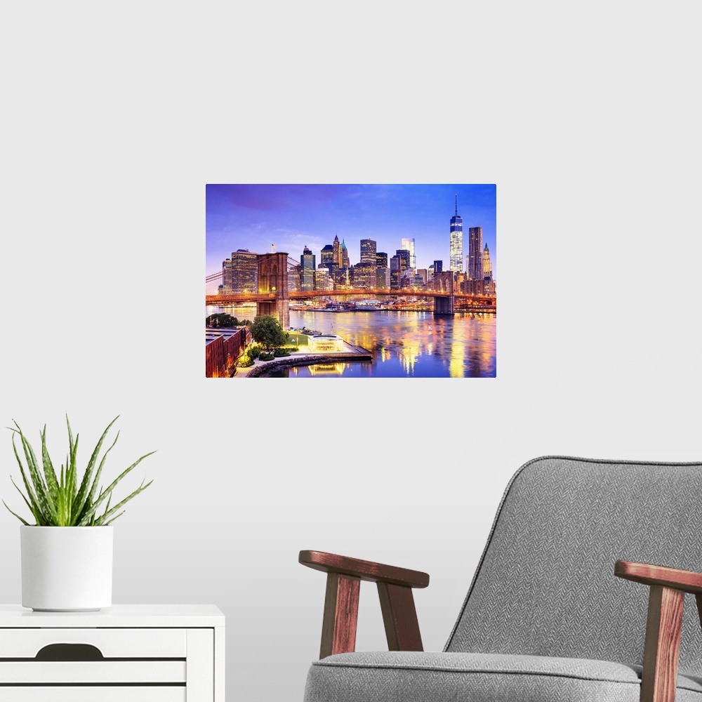 A modern room featuring USA, New York City, East River, Manhattan, Brooklyn Bridge.