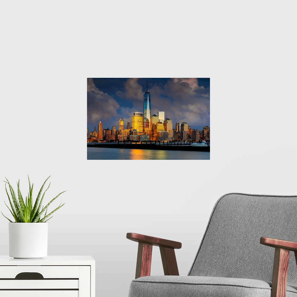 A modern room featuring USA, New York City, Hudson, Manhattan, Lower Manhattan, One World Trade Center, Freedom Tower, Sk...