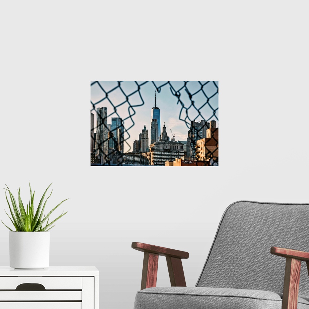 A modern room featuring New York City, Lower Manhattan, Lower East Side skyline viewed from Manhattan Bridge.