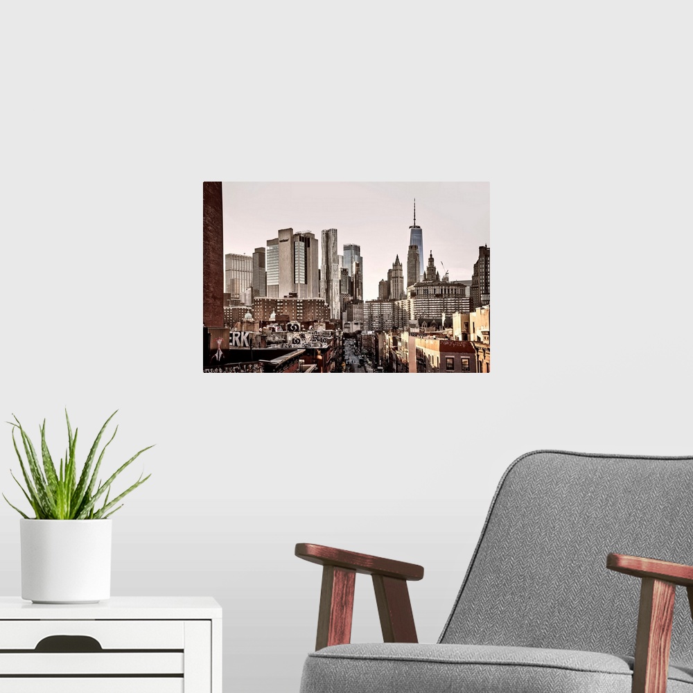 A modern room featuring New York City, Lower Manhattan, Lower East Side skyline viewed from Manhattan Bridge.