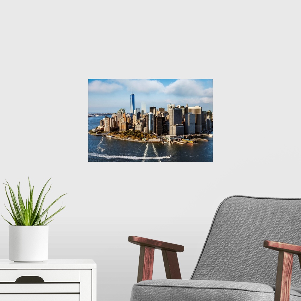 A modern room featuring USA, New York City, Manhattan, Lower Manhattan, Aerial view of Manhattan, Freedom Tower, Financia...