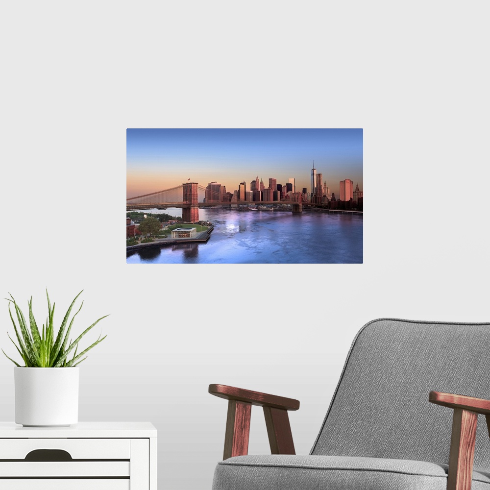 A modern room featuring USA, New York City, Manhattan, Brooklyn Bridge, Brooklyn Bridge Park.