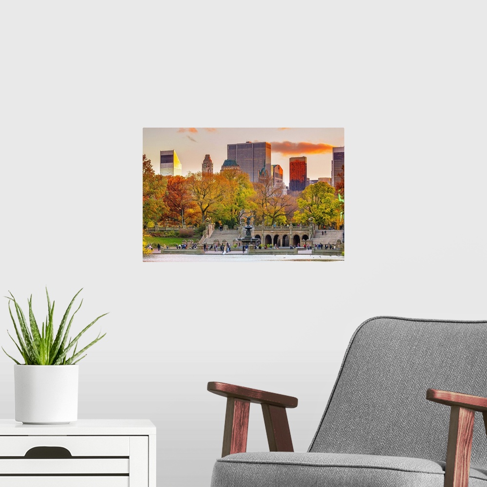 A modern room featuring USA, New York City, Manhattan, Central Park, Angel of the Waters fountain and Bethesda Terrace.