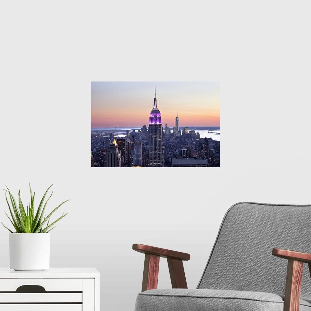 A modern room featuring USA, New York City, Manhattan, Midtown, Empire State Building, Manhattan cityscape.
