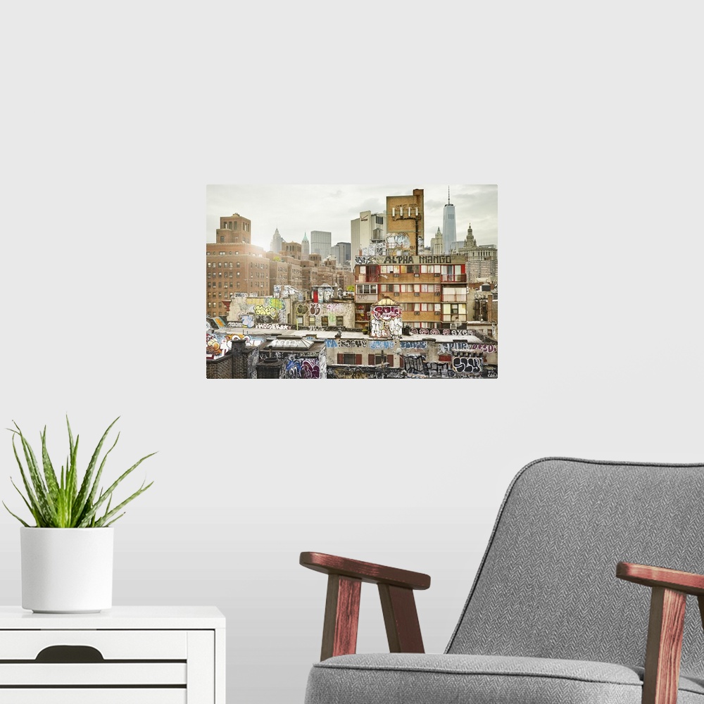A modern room featuring USA, New York City, Manhattan, Chinatown, Graffiti on buildings in Chinatown with Freedom Tower i...