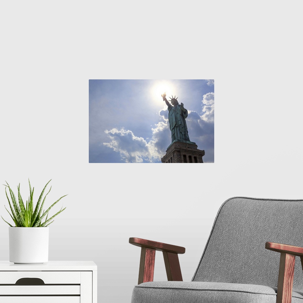 A modern room featuring USA, New York City, Manhattan, Lower Manhattan, Liberty Island, Statue of Liberty.