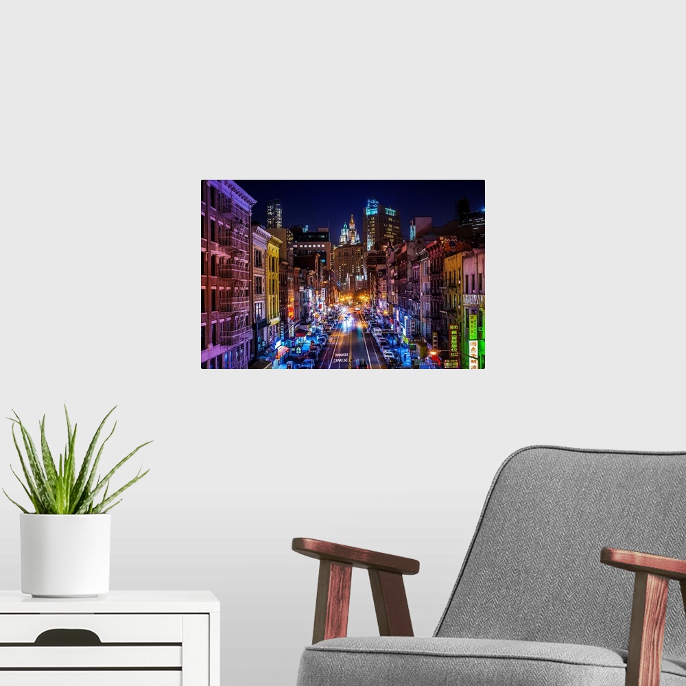 A modern room featuring USA, New York City, Manhattan, Lower East Side, Chinatown, Chinatown at night.