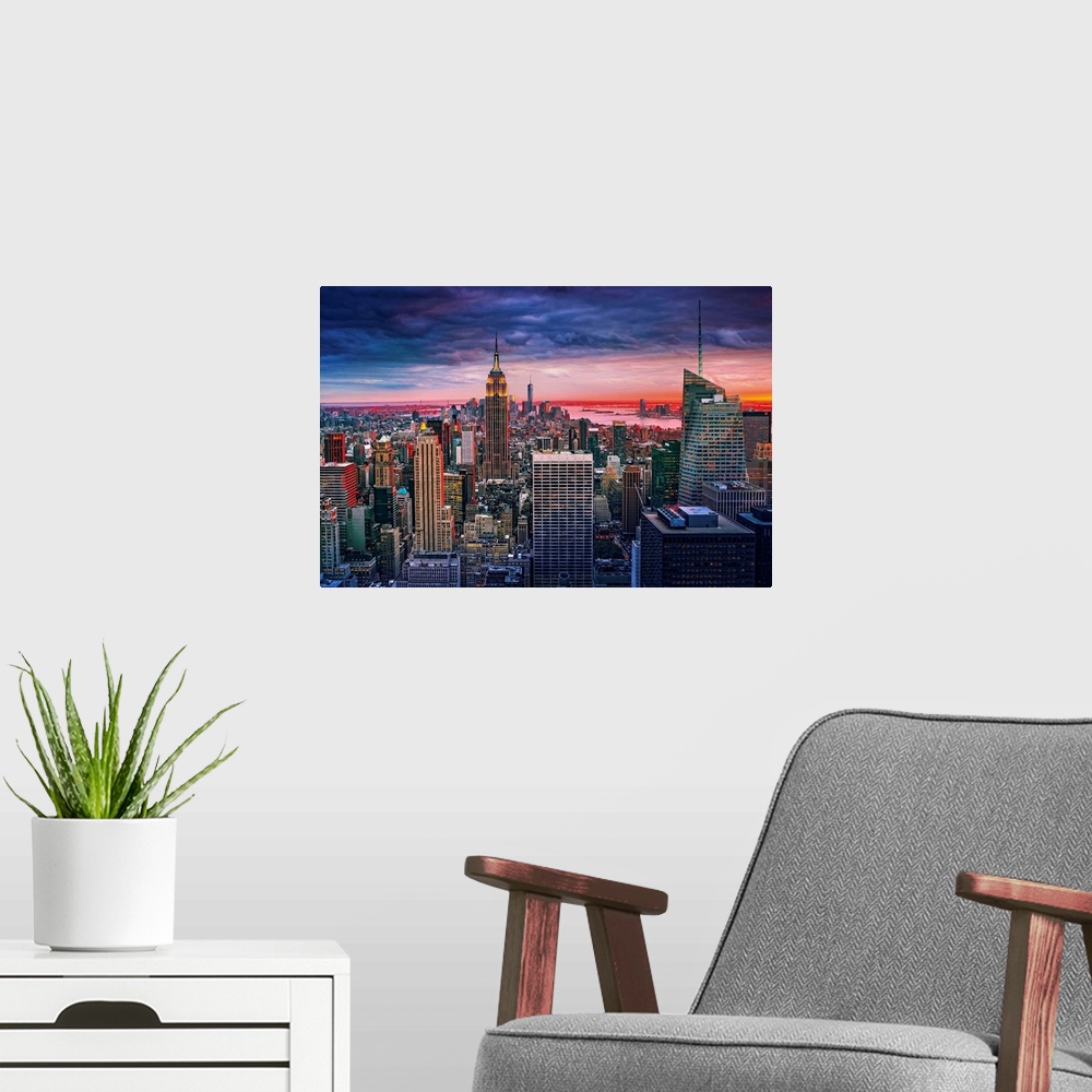 A modern room featuring USA, New York City, Manhattan, Midtown, Rockefeller Center, Evening cityscape from Top of the Roc...
