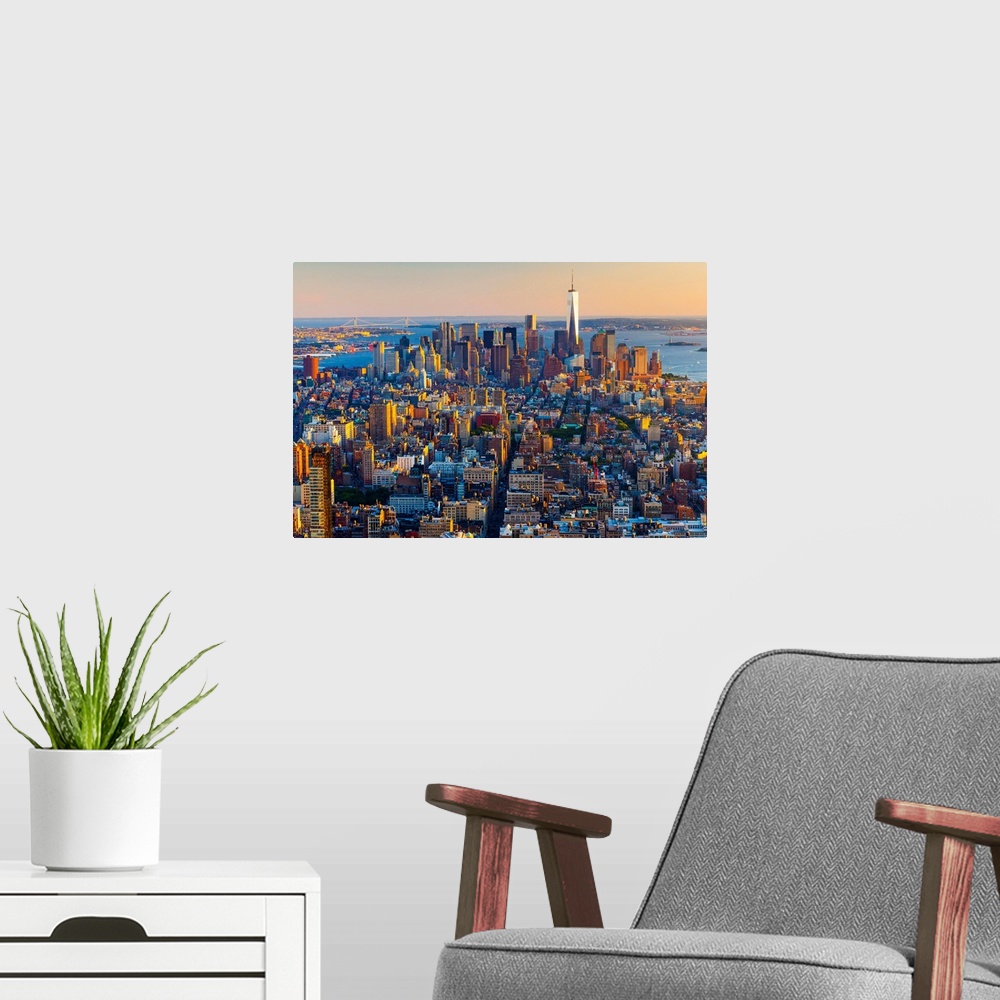 A modern room featuring USA, New York City, Manhattan, Midtown, View from the Empire State Building.