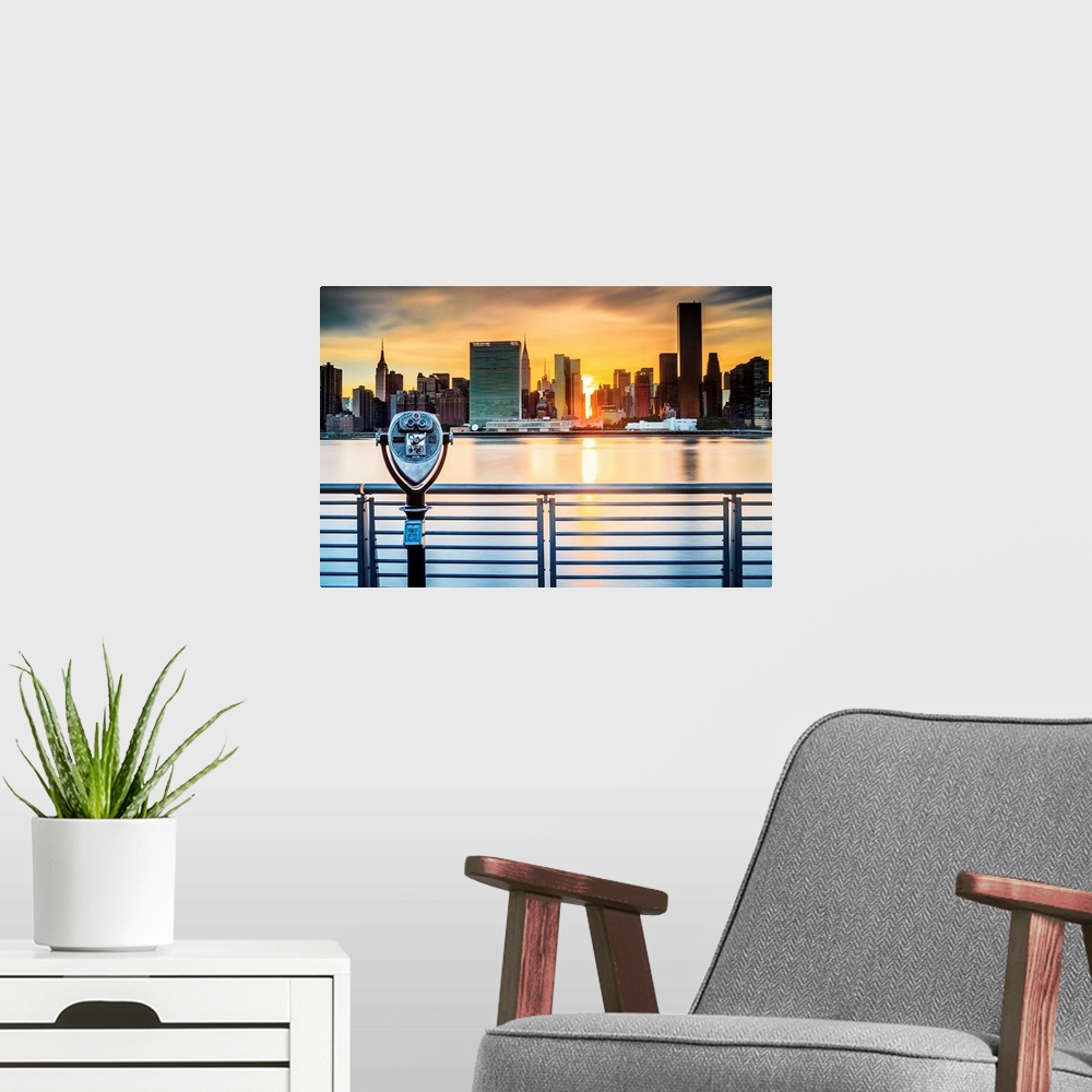 A modern room featuring USA, New York City, Queens, City skyline from Gantry Plaza.