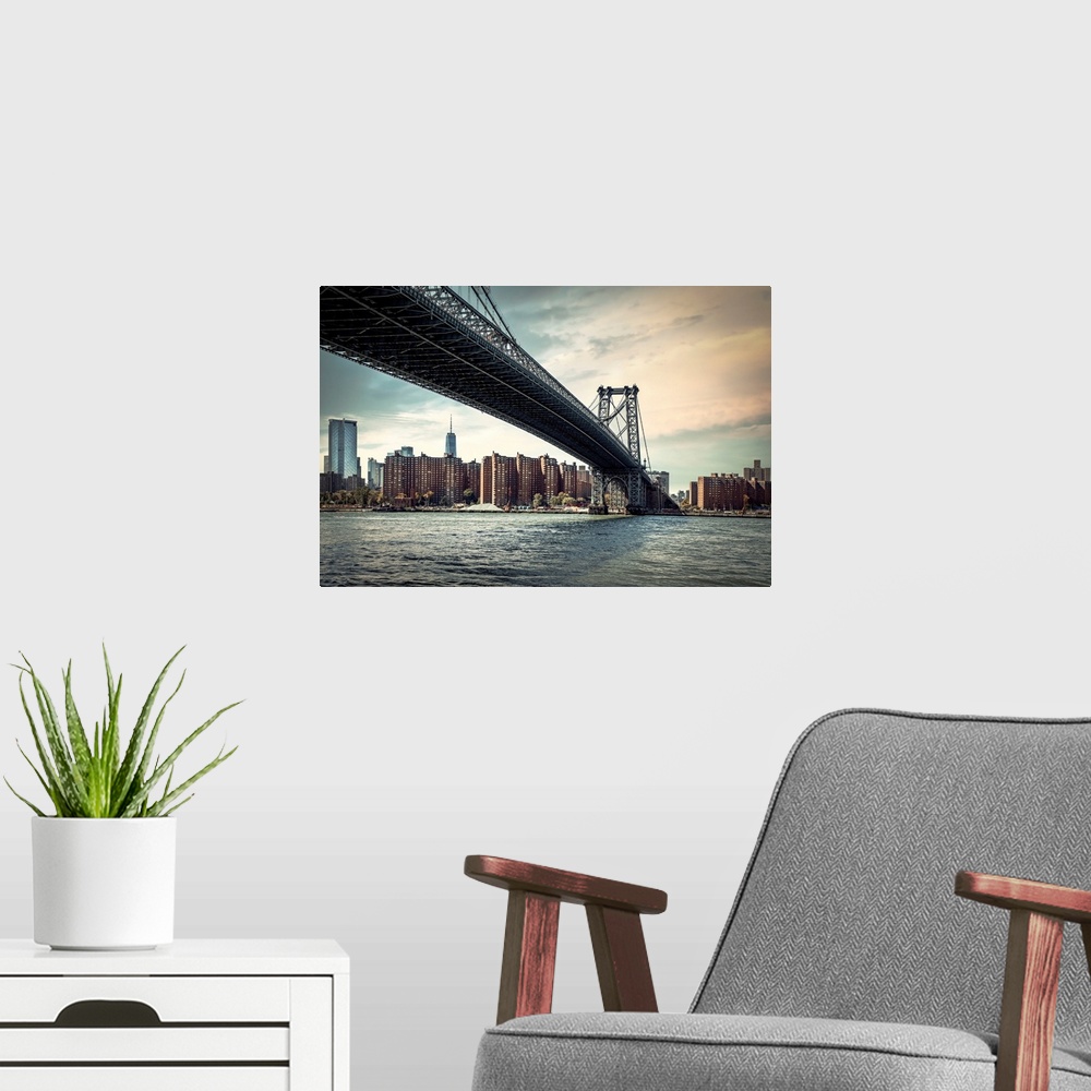 A modern room featuring New York City, Williamsburg Bridge and Lower Manhattan Skyline.