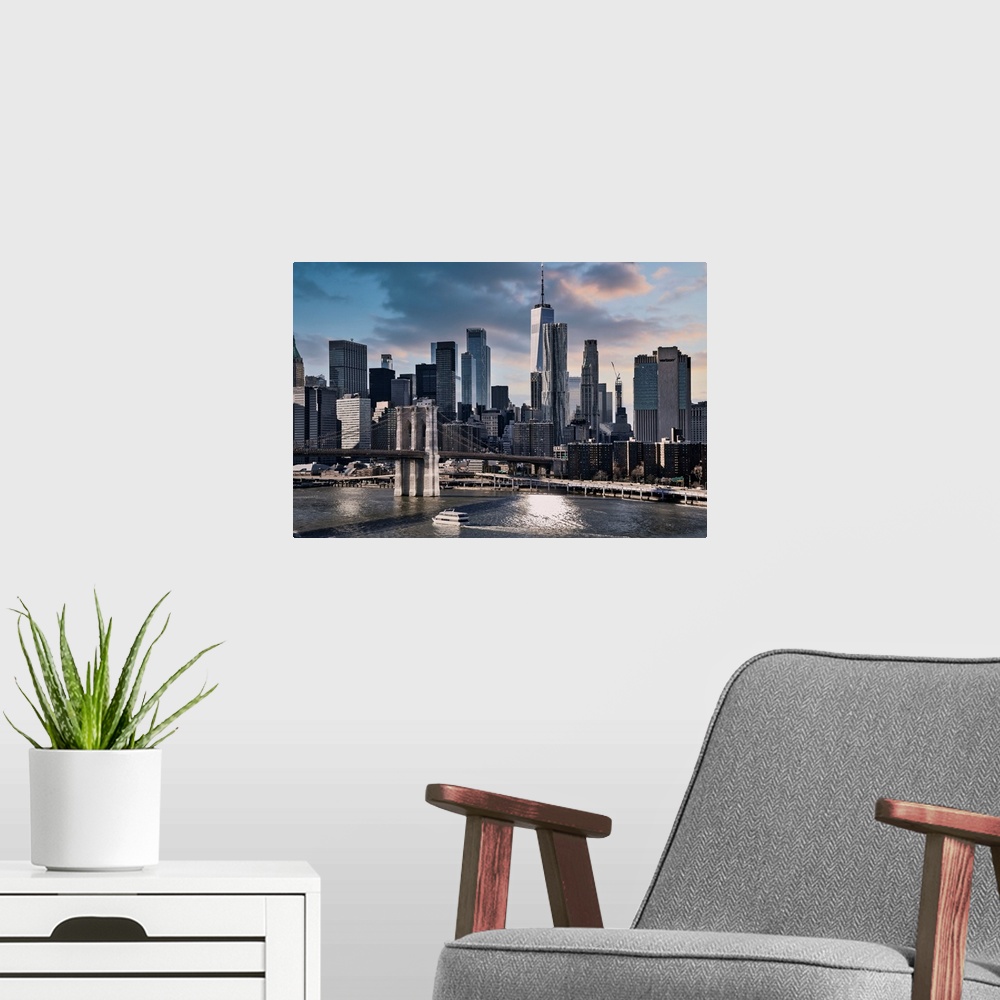A modern room featuring New York City, East River Scene with Lower East Side skyline viewed from Manhattan Bridge.