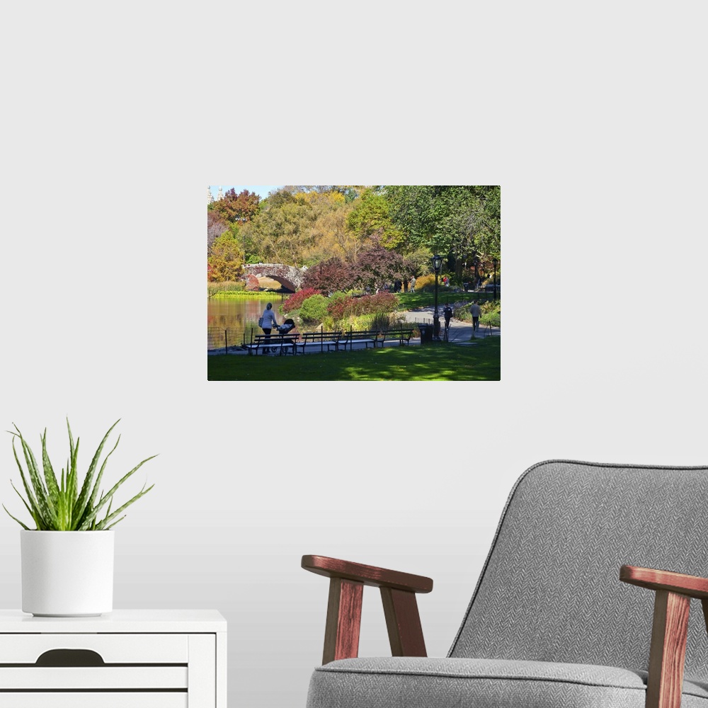 A modern room featuring New York, New York City, Central Park, wandering path around The Pond