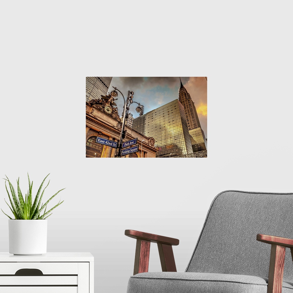 A modern room featuring New York, New York City City, 42nd Street in front of Grand Central Terminal.