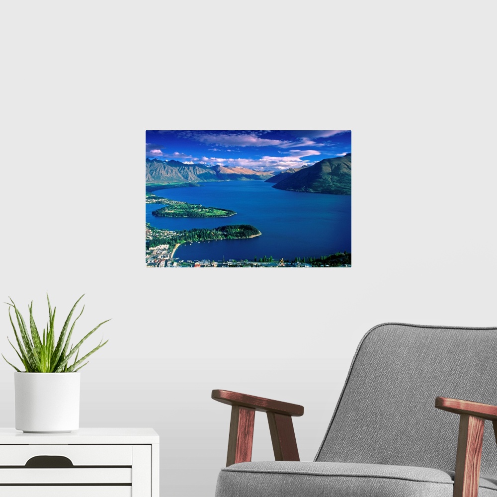 A modern room featuring New Zealand, South Island, View towards Queenstown town and Wakatipu lake