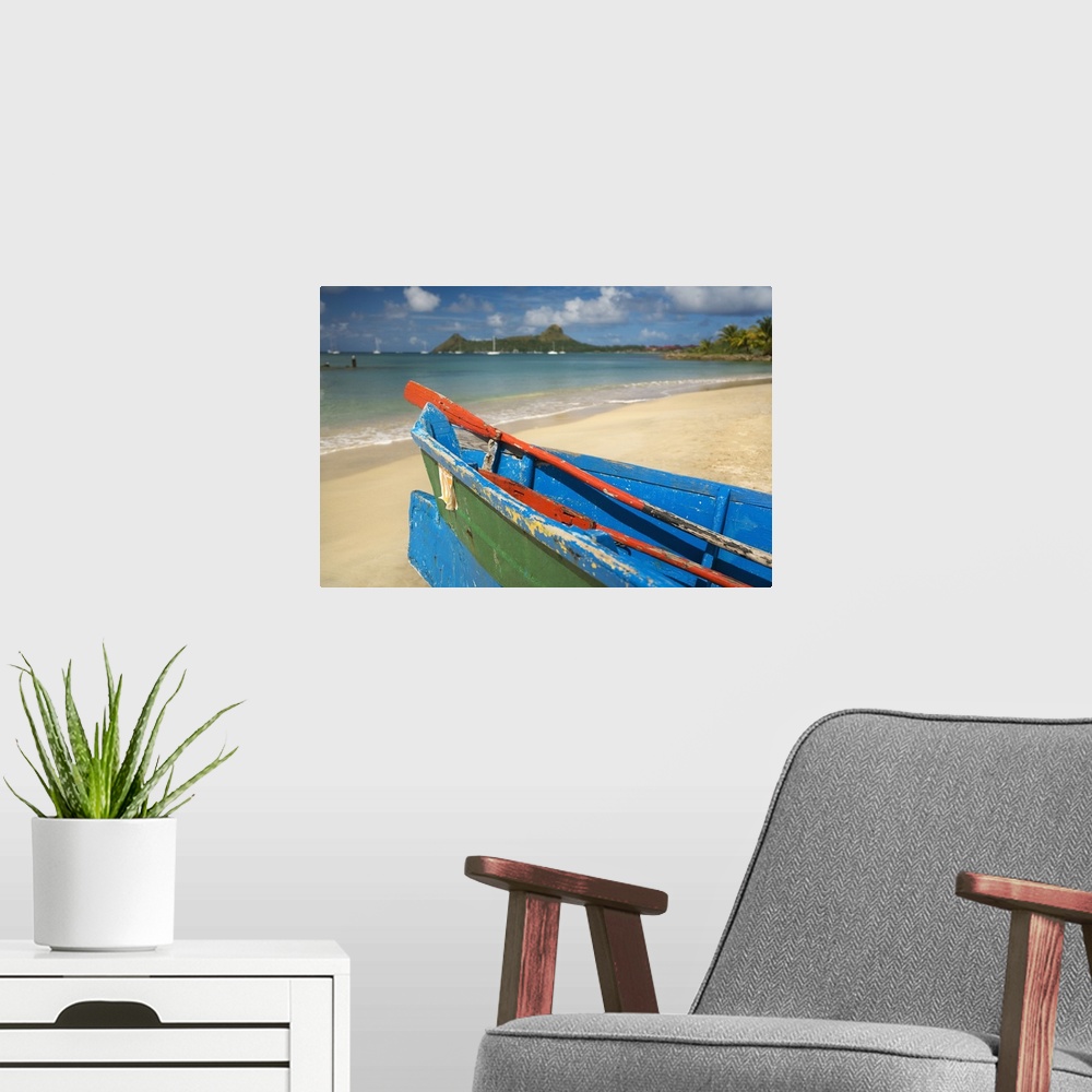 A modern room featuring Saint Lucia, Caribbean, Boat on the beach, Pigeon Island in background