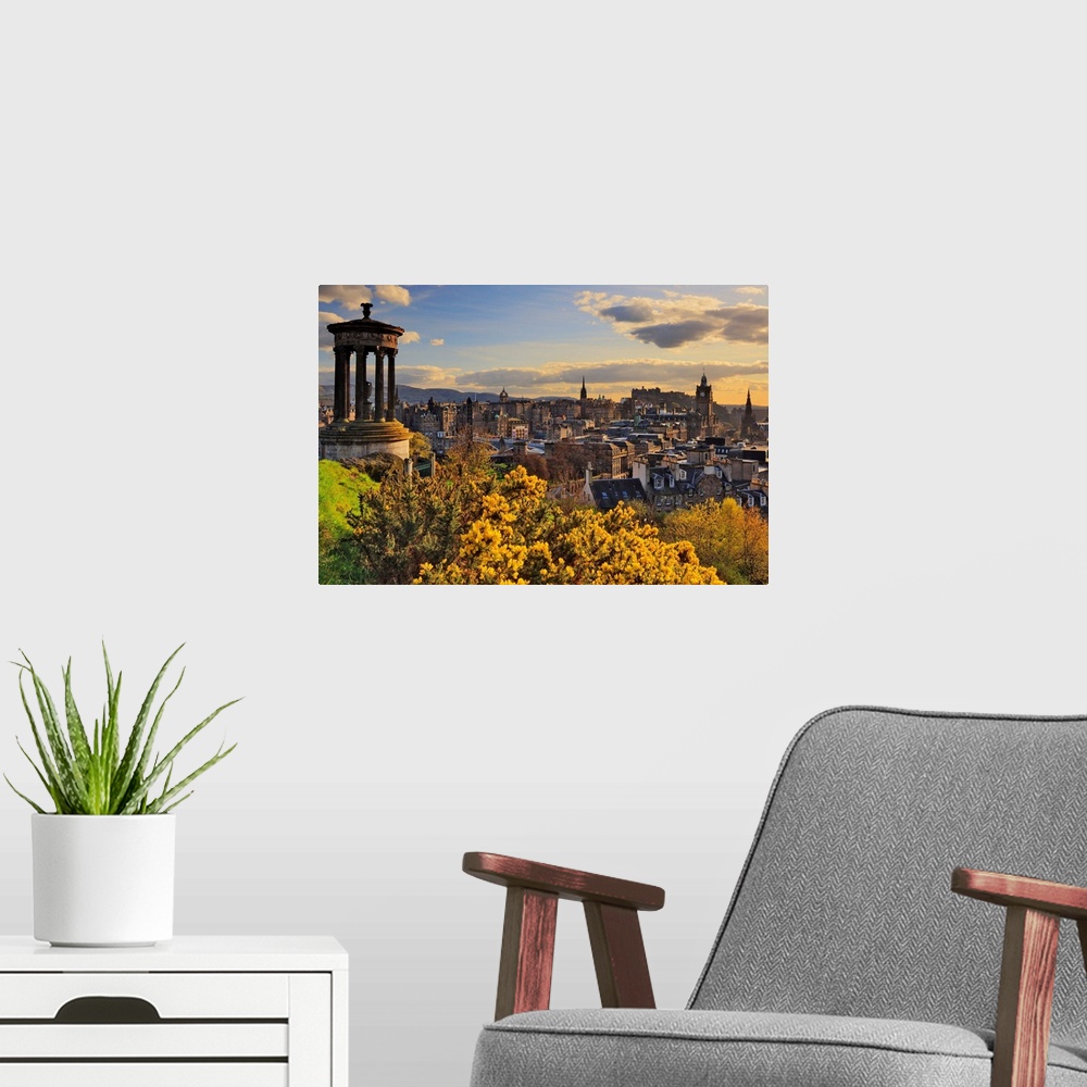 A modern room featuring UK, Scotland, Great Britain, Edinburgh, Calton Hill, Dugald Stewart Monument and the city in the ...