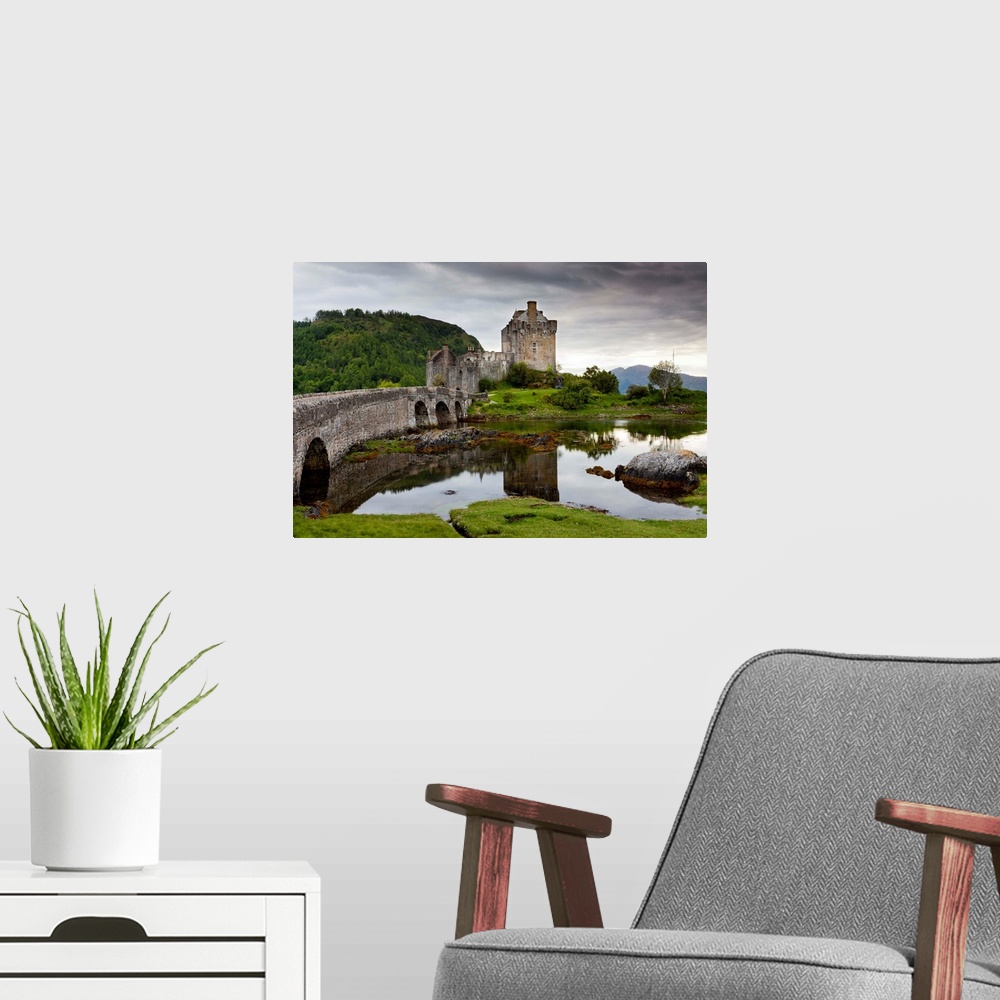 A modern room featuring Scotland, Highland, Eilean Donan Castle, Dornie village, Loch Duich bay