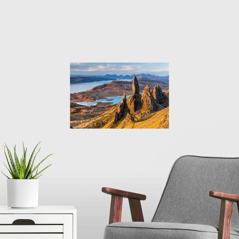 A modern room featuring UK, Scotland, Great Britain, Highlands, Inner Hebrides, Isle of Skye, The Old Man of Storr, overl...