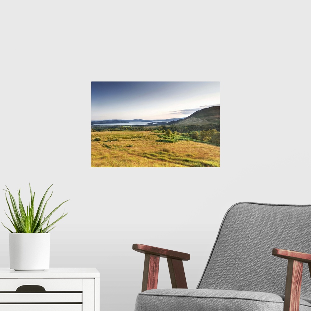A modern room featuring UK, Scotland, Loch Lomond, Great Britain, Field with the Conic Hill in the background at dusk.
