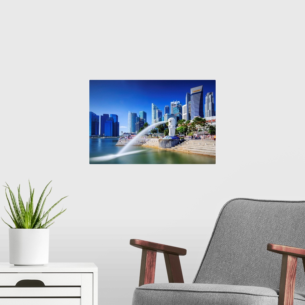 A modern room featuring Singapore, Singapore City, Merlion fountain.