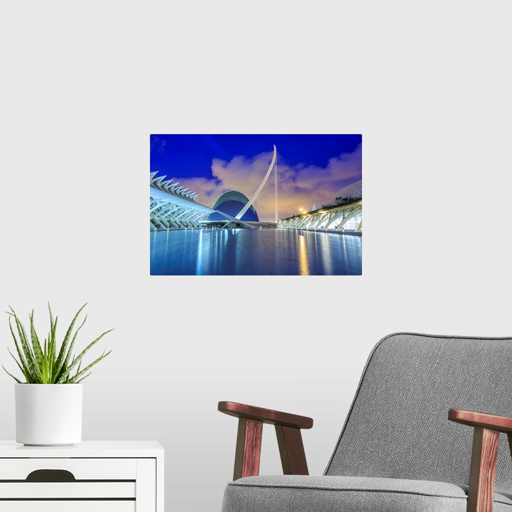 A modern room featuring Spain, Valencia, City of the Arts and Sciences at sunset.