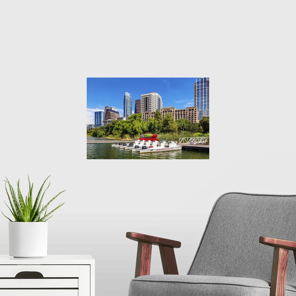A modern room featuring Texas, Austin downtown skyline from Colorado River  and Austin Rowing dock, The Austonian, W Hote...