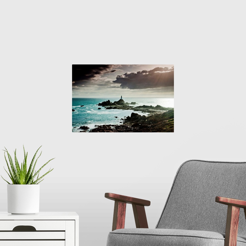 A modern room featuring UK, Channel Islands, Great Britain, English Channel, Jersey, La Corbiere lighthouse