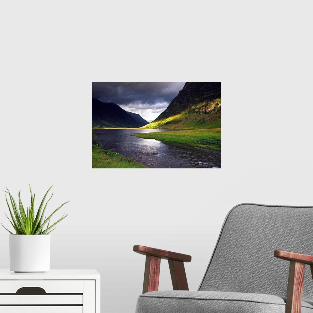 A modern room featuring United Kingdom, UK, Scotland, Highlands, Glencoe river and Three Sisters of Glencoe mountains