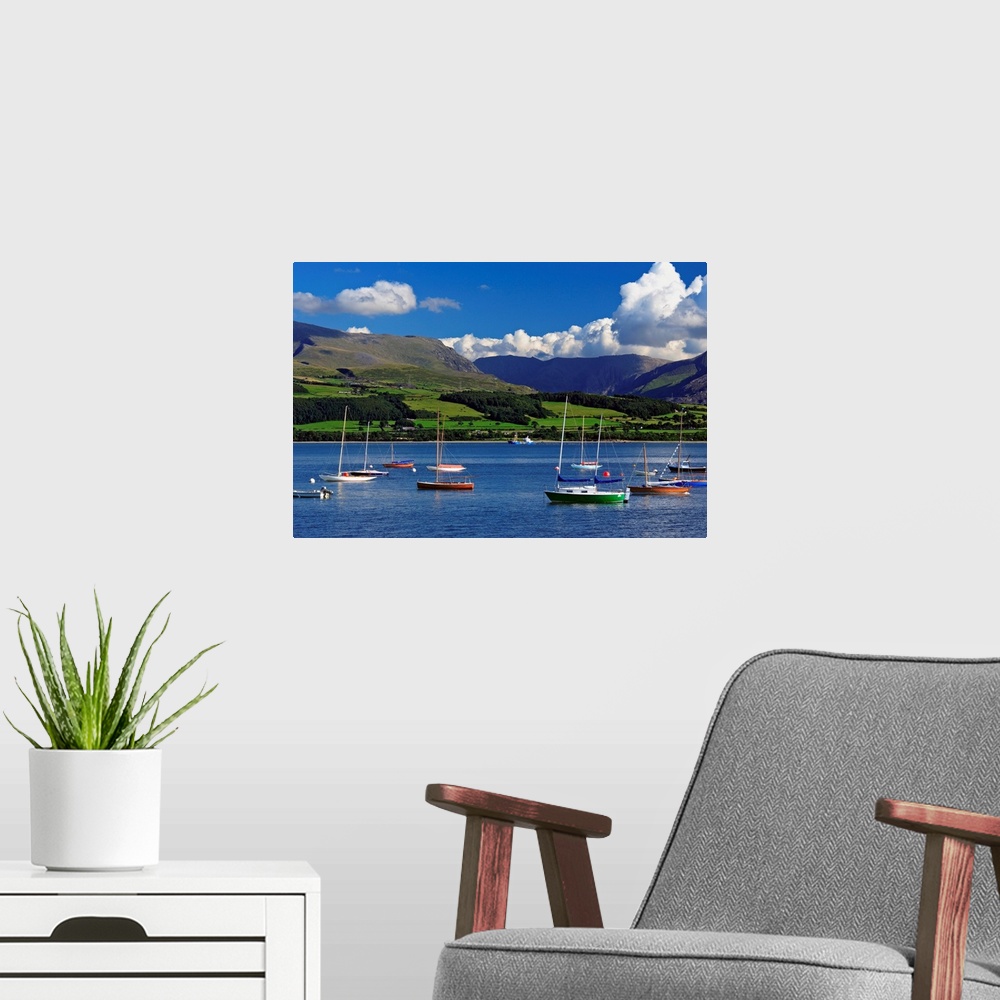 A modern room featuring UK, Wales, Anglesey, Sailing boats in the Menai Strait, with the Snowdon range