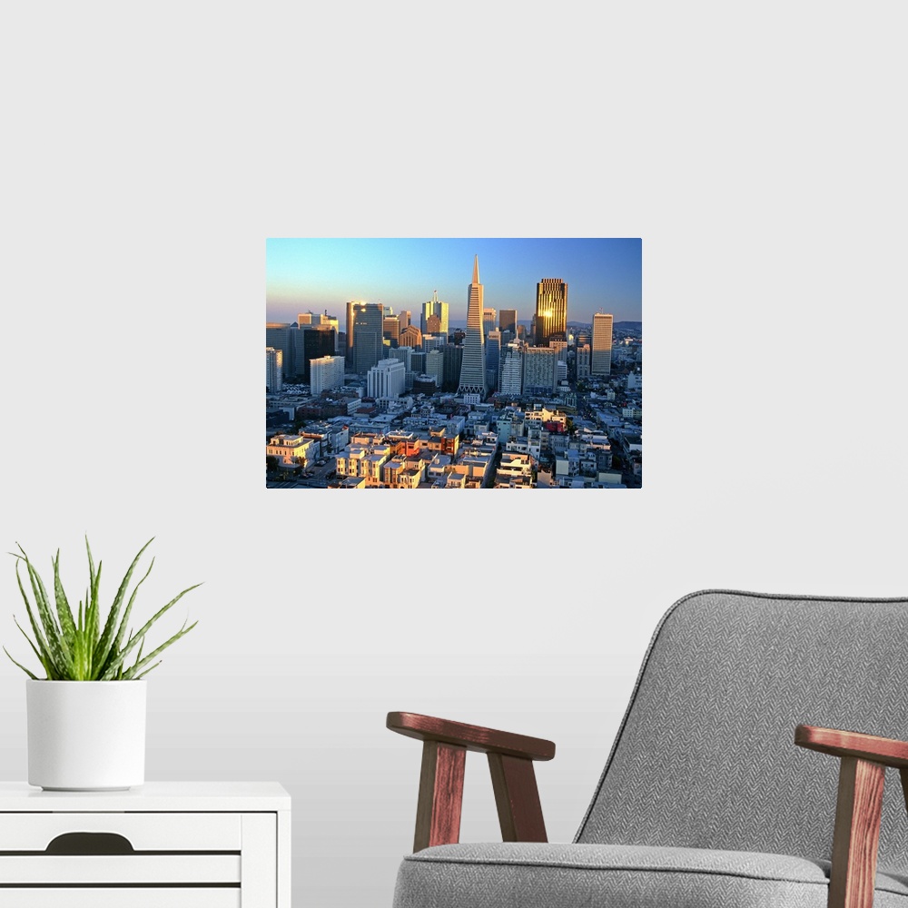 A modern room featuring United States, California, Skyline at sunset