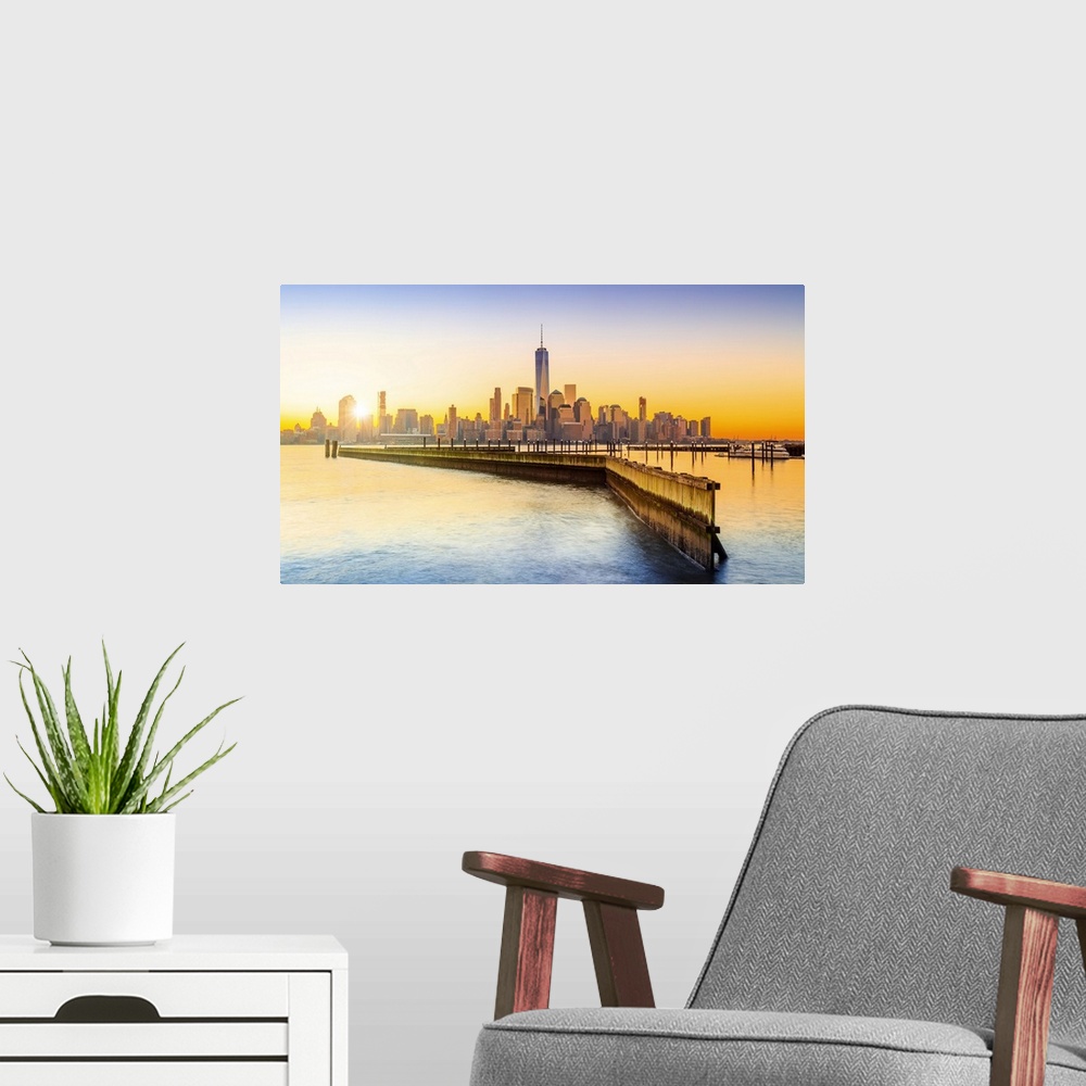 A modern room featuring USA, New Jersey, Lower Manhattan skyline with One World Trade Center and Freedom Tower at sunrise