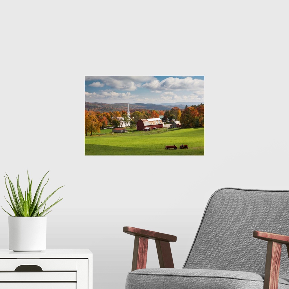 A modern room featuring USA, Vermont, Peacham, New England, Tractor passing the village in the fall.