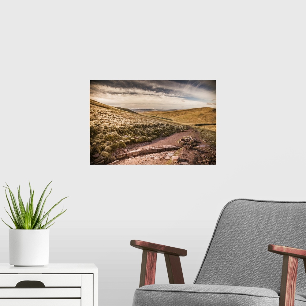 A modern room featuring UK, Wales, Great Britain, Brecon Beacons National Park, Mountain trail just after sunrise.