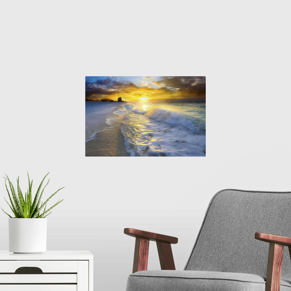 A modern room featuring A beautiful beach landscape at sunrise with ocean waves.