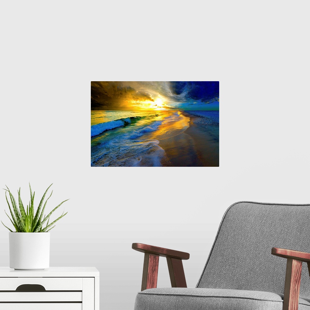 A modern room featuring A beautiful ocean sunset with waves striking a sunlit sea shore.