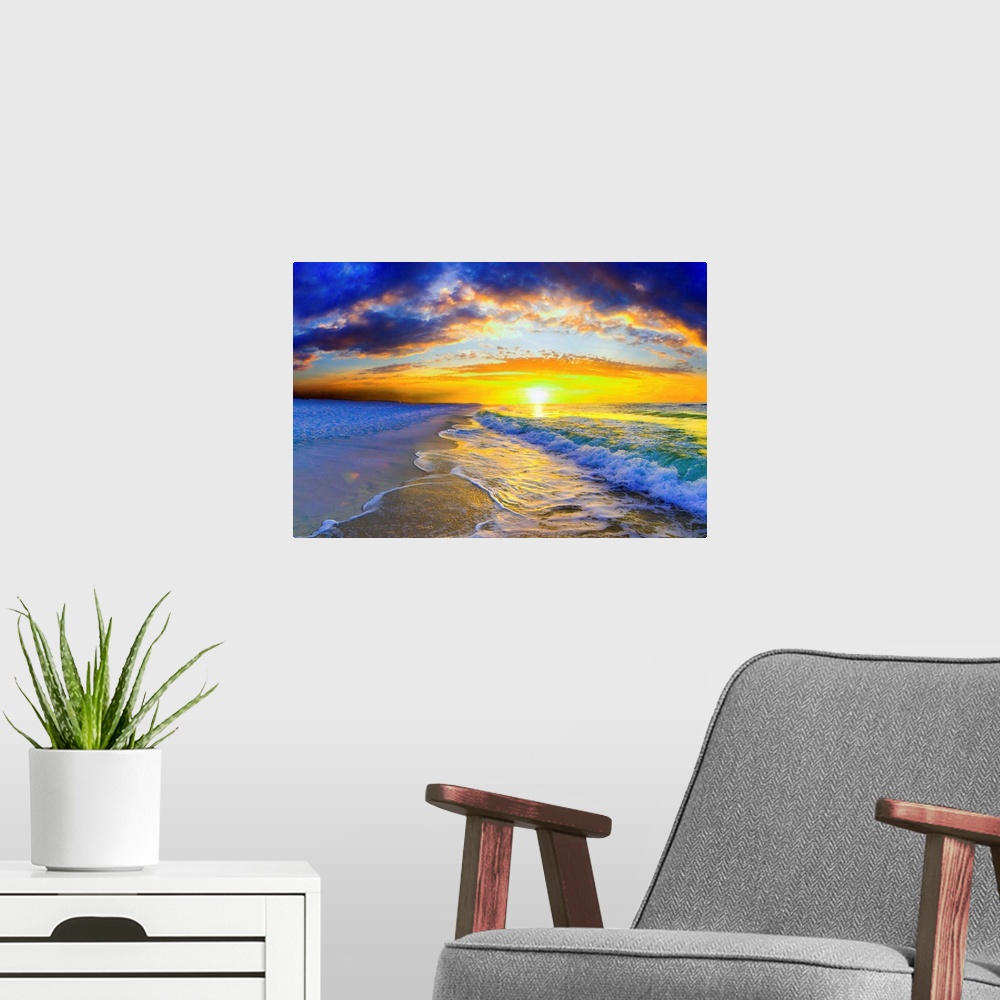 A modern room featuring An ocean sunrise with beautiful waves and an orange sunrise.